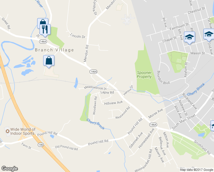 map of restaurants, bars, coffee shops, grocery stores, and more near 1 Meadowbrook Drive in North Smithfield