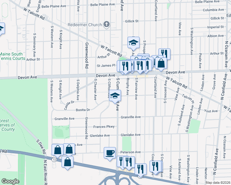 map of restaurants, bars, coffee shops, grocery stores, and more near 1310 South Cumberland Avenue in Park Ridge