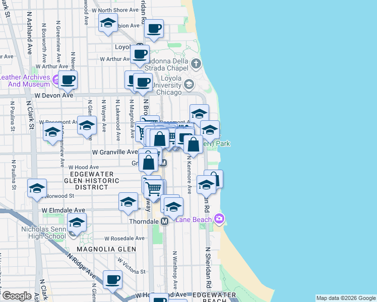 map of restaurants, bars, coffee shops, grocery stores, and more near West Granville Avenue & North Kenmore Avenue in Chicago