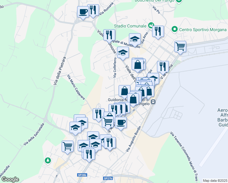 map of restaurants, bars, coffee shops, grocery stores, and more near 67 Via Colle Ferro in Guidonia