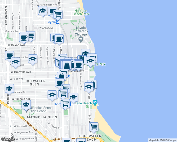 map of restaurants, bars, coffee shops, grocery stores, and more near N Sheridan Rd & W Granville Ave in Chicago