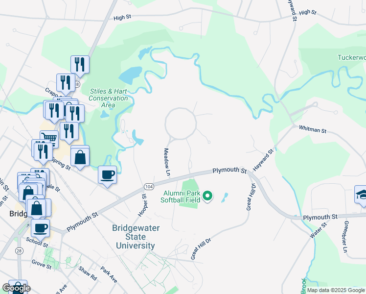 map of restaurants, bars, coffee shops, grocery stores, and more near 51 Meadow Lane in Bridgewater