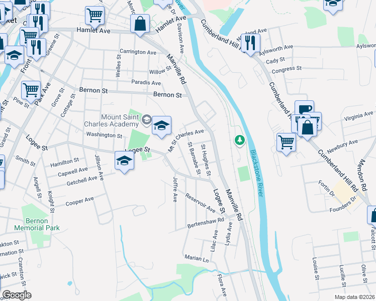 map of restaurants, bars, coffee shops, grocery stores, and more near 309 Rhode Island Avenue in Woonsocket