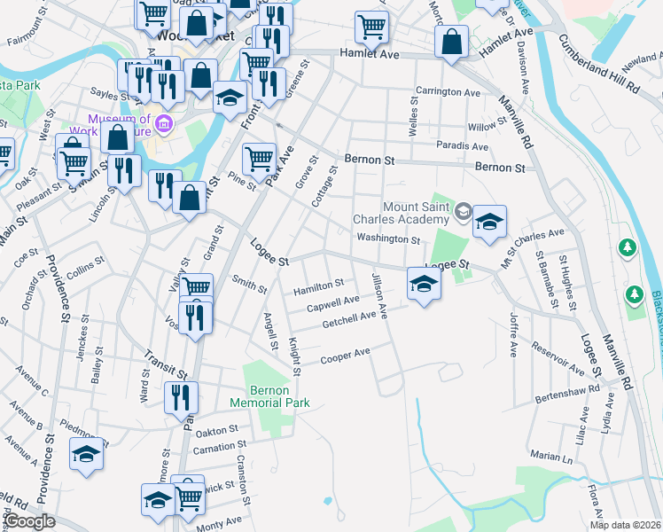 map of restaurants, bars, coffee shops, grocery stores, and more near 142 Hamilton Street in Woonsocket