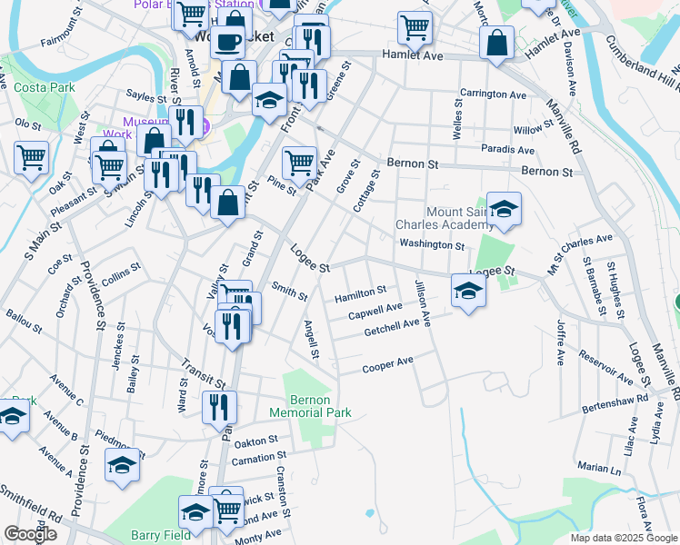 map of restaurants, bars, coffee shops, grocery stores, and more near 54 Hamilton Street in Woonsocket