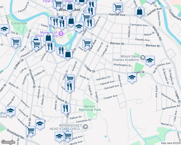 map of restaurants, bars, coffee shops, grocery stores, and more near 69 Knight Street in Woonsocket