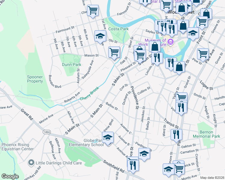 map of restaurants, bars, coffee shops, grocery stores, and more near 39 Wilbur Avenue in Woonsocket
