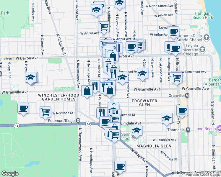 map of restaurants, bars, coffee shops, grocery stores, and more near 6148 North Clark Street in Chicago