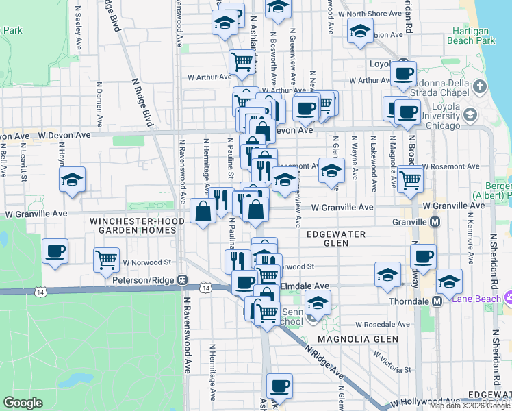 map of restaurants, bars, coffee shops, grocery stores, and more near 6148 North Clark Street in Chicago