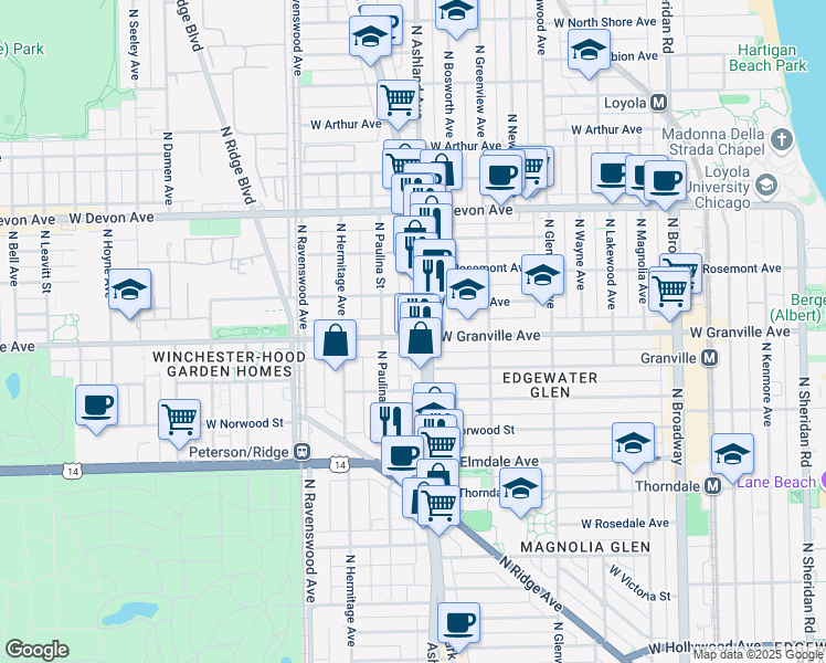 map of restaurants, bars, coffee shops, grocery stores, and more near 6148 North Clark Street in Chicago