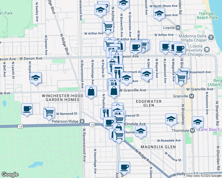 map of restaurants, bars, coffee shops, grocery stores, and more near 6148 North Clark Street in Chicago