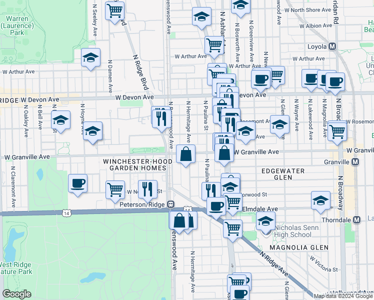 map of restaurants, bars, coffee shops, grocery stores, and more near 1743 West Granville Avenue in Chicago
