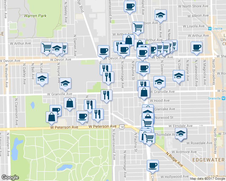 map of restaurants, bars, coffee shops, grocery stores, and more near 6165 North Ravenswood Avenue in Chicago