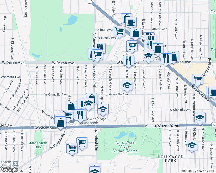 map of restaurants, bars, coffee shops, grocery stores, and more near 6207 North Harding Avenue in Chicago