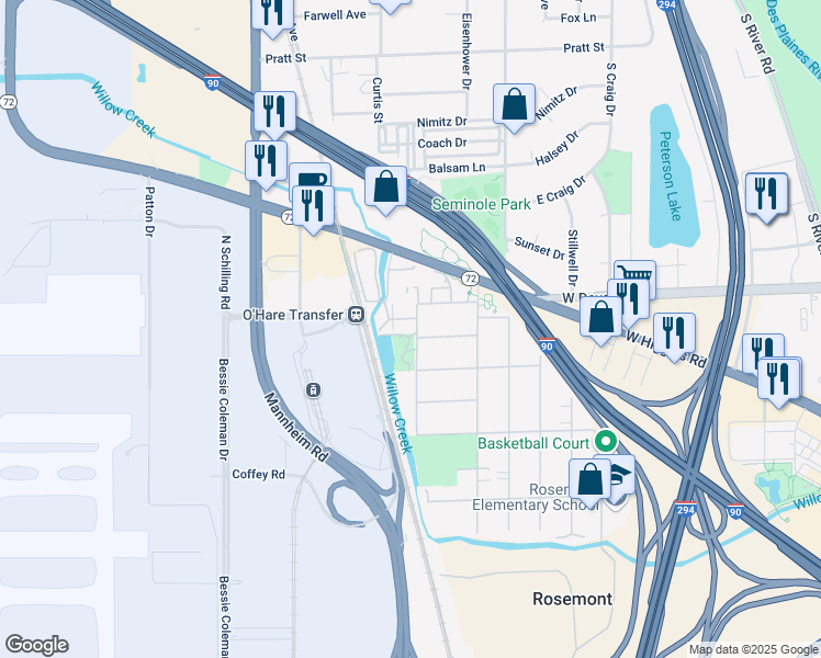 map of restaurants, bars, coffee shops, grocery stores, and more near 10115 Devon Court in Rosemont