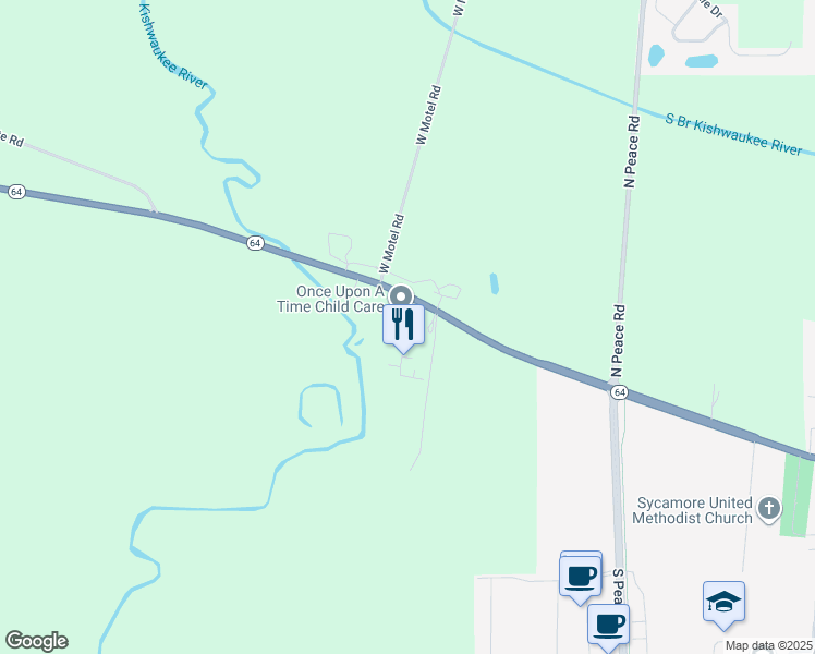 map of restaurants, bars, coffee shops, grocery stores, and more near 120 Liberty Lane in Sycamore