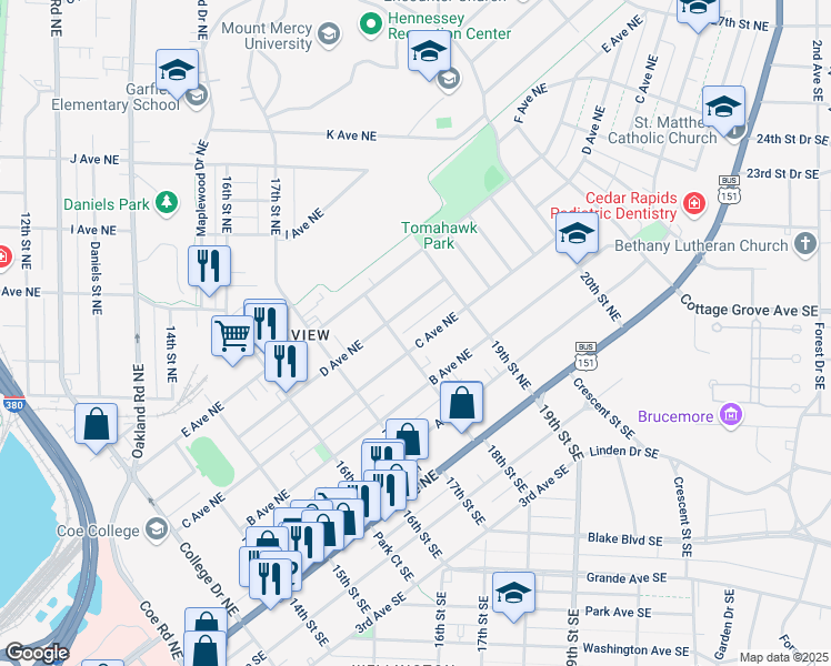 map of restaurants, bars, coffee shops, grocery stores, and more near 1811 C Avenue Northeast in Cedar Rapids
