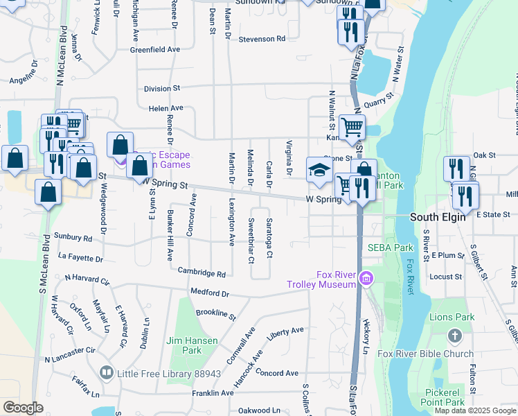 map of restaurants, bars, coffee shops, grocery stores, and more near 5 Sweetbriar Court in South Elgin