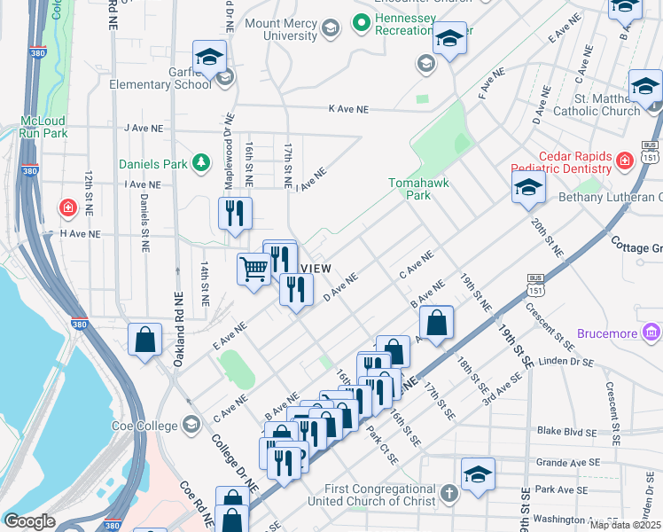 map of restaurants, bars, coffee shops, grocery stores, and more near 1711 East Avenue Northeast in Cedar Rapids