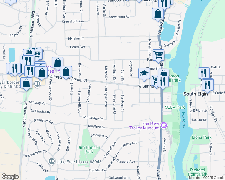 map of restaurants, bars, coffee shops, grocery stores, and more near 49 Sweetbriar Court in South Elgin