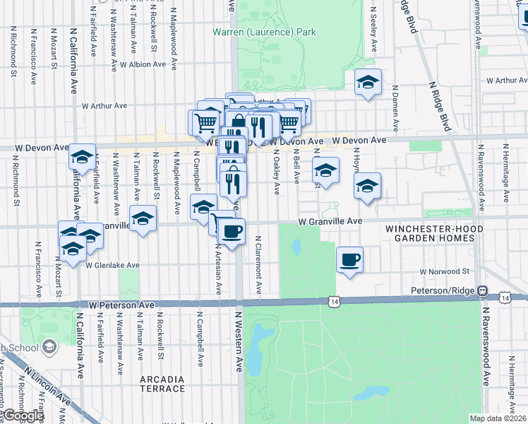 map of restaurants, bars, coffee shops, grocery stores, and more near 6157 North Claremont Avenue in Chicago