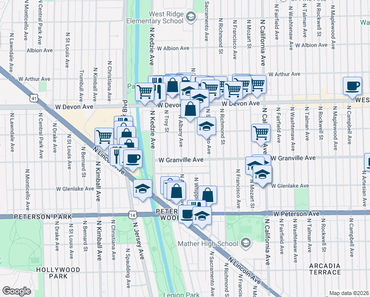 map of restaurants, bars, coffee shops, grocery stores, and more near 6201 North Albany Avenue in Chicago