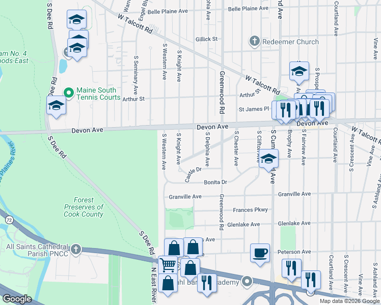 map of restaurants, bars, coffee shops, grocery stores, and more near 1318 Castle Drive in Park Ridge
