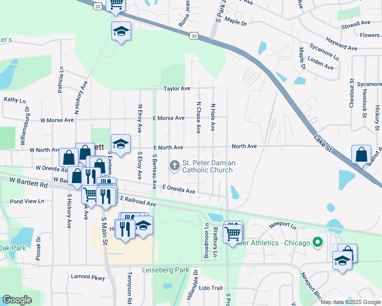 map of restaurants, bars, coffee shops, grocery stores, and more near 328 Marcia Court in Bartlett