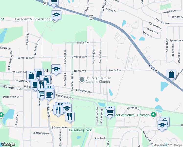 map of restaurants, bars, coffee shops, grocery stores, and more near 334 Donna Court in Bartlett