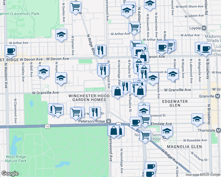 map of restaurants, bars, coffee shops, grocery stores, and more near 6203 North Ravenswood Avenue in Chicago