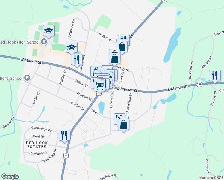map of restaurants, bars, coffee shops, grocery stores, and more near 10 Elizabeth Street in Red Hook