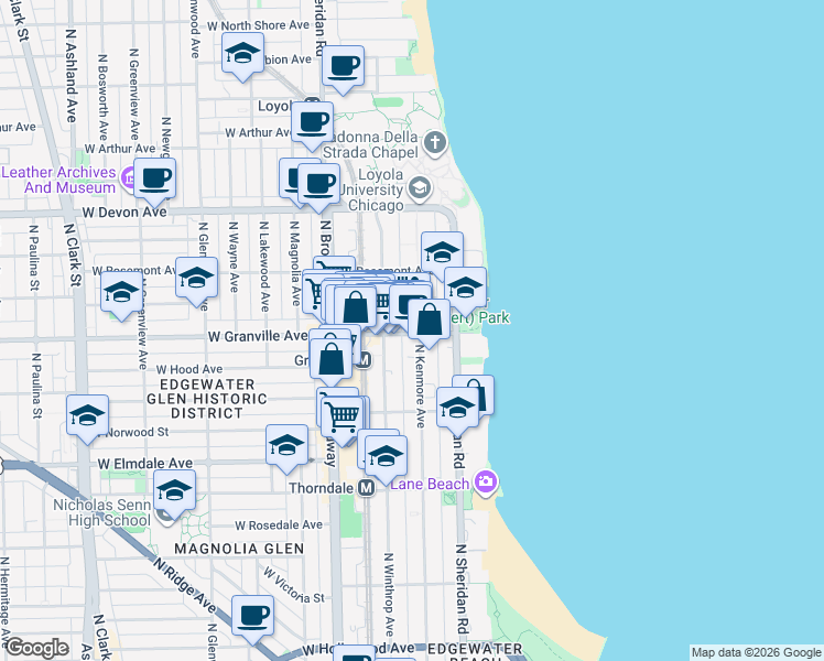 map of restaurants, bars, coffee shops, grocery stores, and more near 1040 West Granville Avenue in Chicago