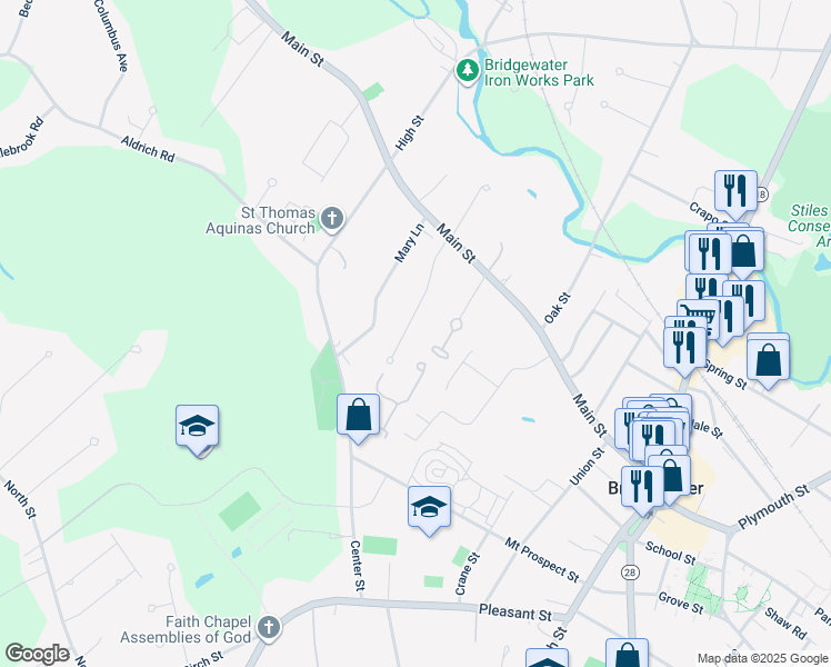 map of restaurants, bars, coffee shops, grocery stores, and more near 52 Old Forge Road in Bridgewater