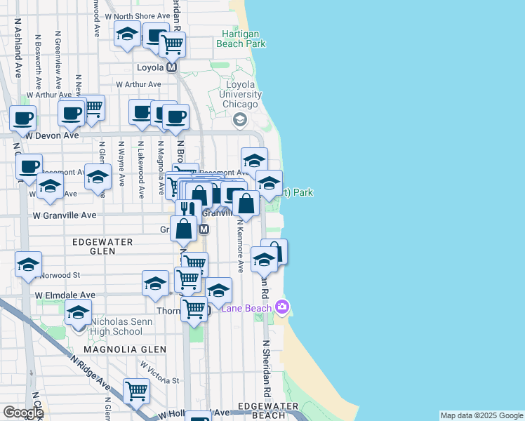 map of restaurants, bars, coffee shops, grocery stores, and more near 6200 North Sheridan Road in Chicago