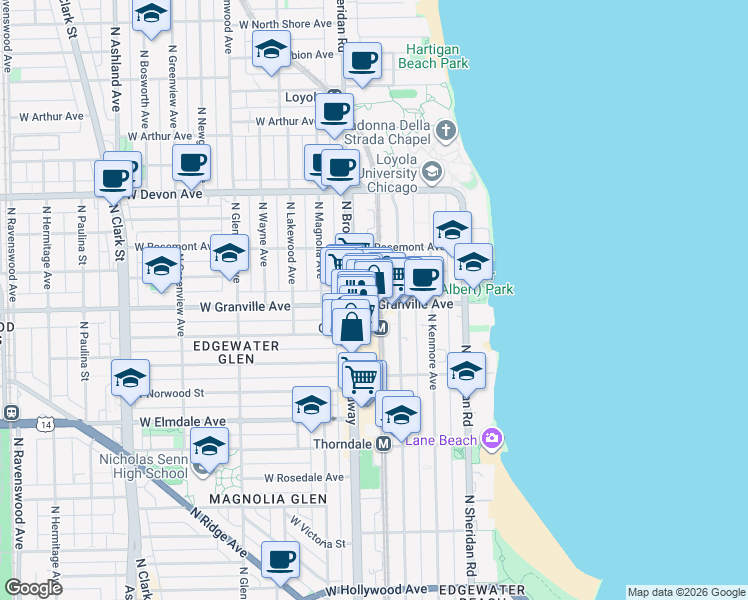 map of restaurants, bars, coffee shops, grocery stores, and more near 6161 North Broadway in Chicago