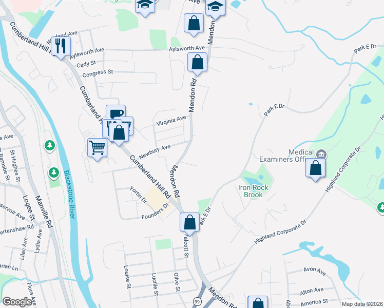 map of restaurants, bars, coffee shops, grocery stores, and more near 35 Armand Avenue in Woonsocket
