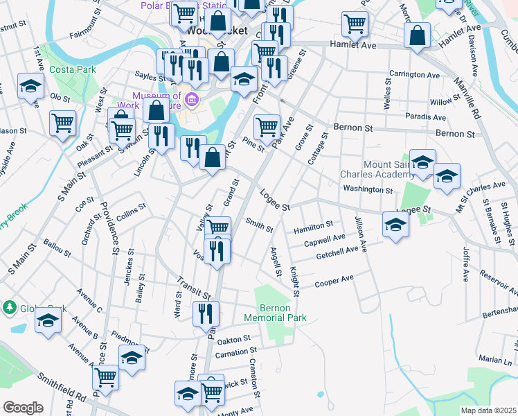 map of restaurants, bars, coffee shops, grocery stores, and more near 667 Grove Street in Woonsocket