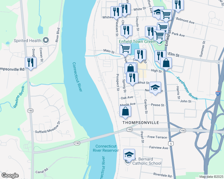 map of restaurants, bars, coffee shops, grocery stores, and more near 92 Prospect Street in Enfield
