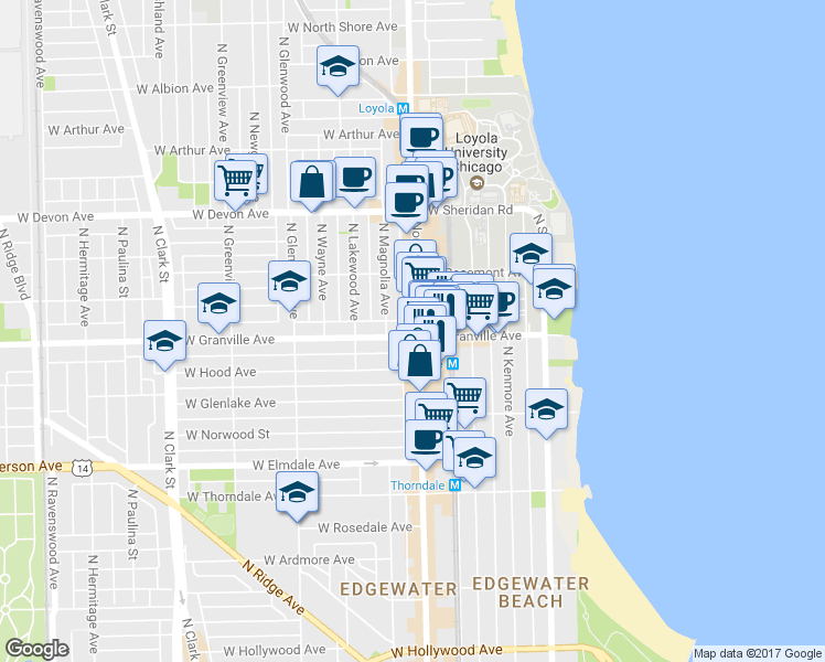 map of restaurants, bars, coffee shops, grocery stores, and more near 6161 North Broadway in Chicago