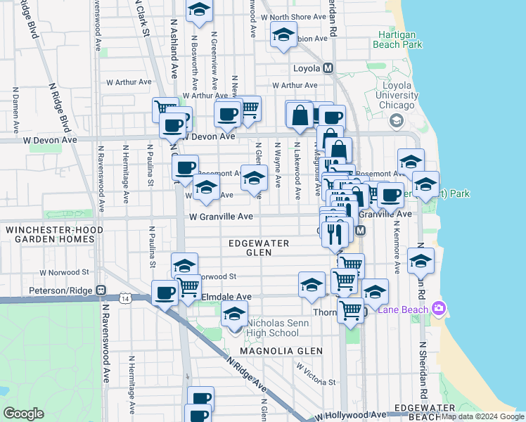 map of restaurants, bars, coffee shops, grocery stores, and more near 1341 West Granville Avenue in Chicago