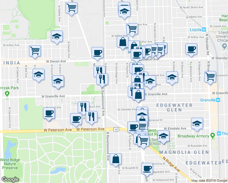 map of restaurants, bars, coffee shops, grocery stores, and more near 1743 West Granville Avenue in Chicago