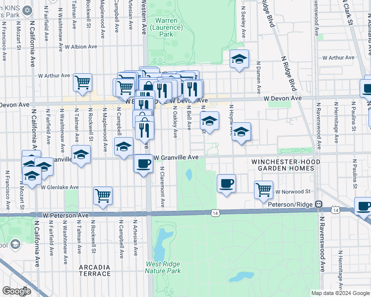 map of restaurants, bars, coffee shops, grocery stores, and more near 2250 West Granville Avenue in Chicago