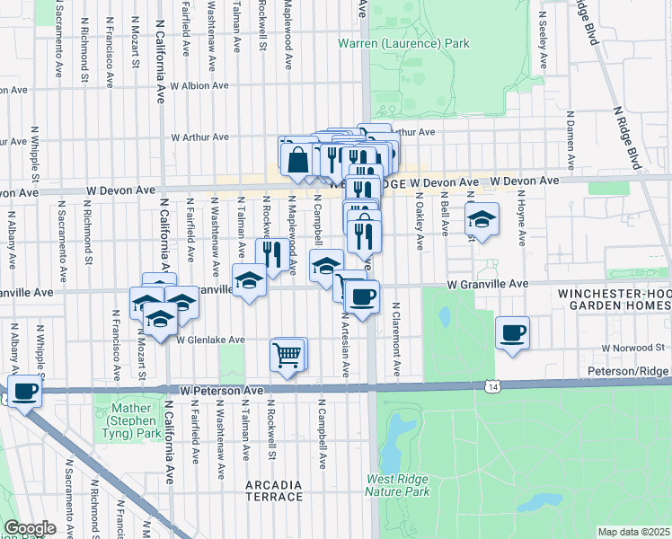 map of restaurants, bars, coffee shops, grocery stores, and more near 2441 West Granville Avenue in Chicago