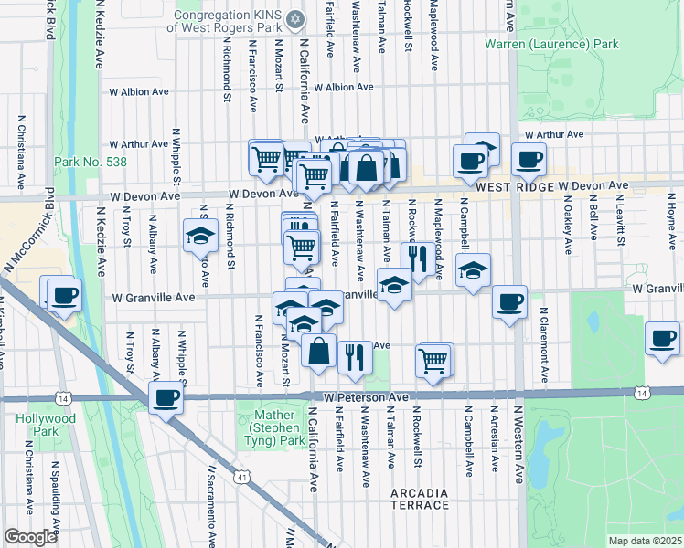 map of restaurants, bars, coffee shops, grocery stores, and more near 2707 West Granville Avenue in Chicago