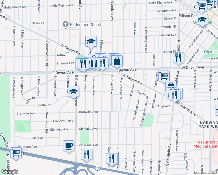 map of restaurants, bars, coffee shops, grocery stores, and more near 1329 Courtland Avenue in Park Ridge
