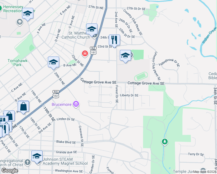 map of restaurants, bars, coffee shops, grocery stores, and more near 176 Sedgeford SE in Cedar Rapids