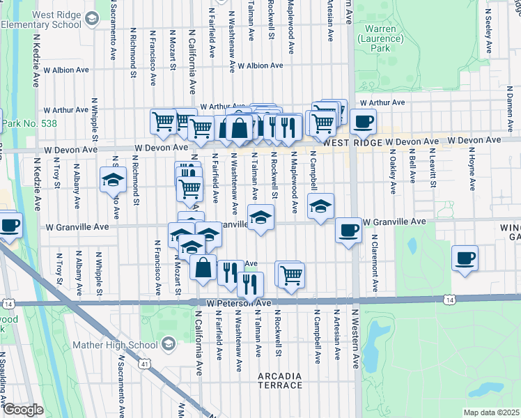 map of restaurants, bars, coffee shops, grocery stores, and more near 6221 North Talman Avenue in Chicago