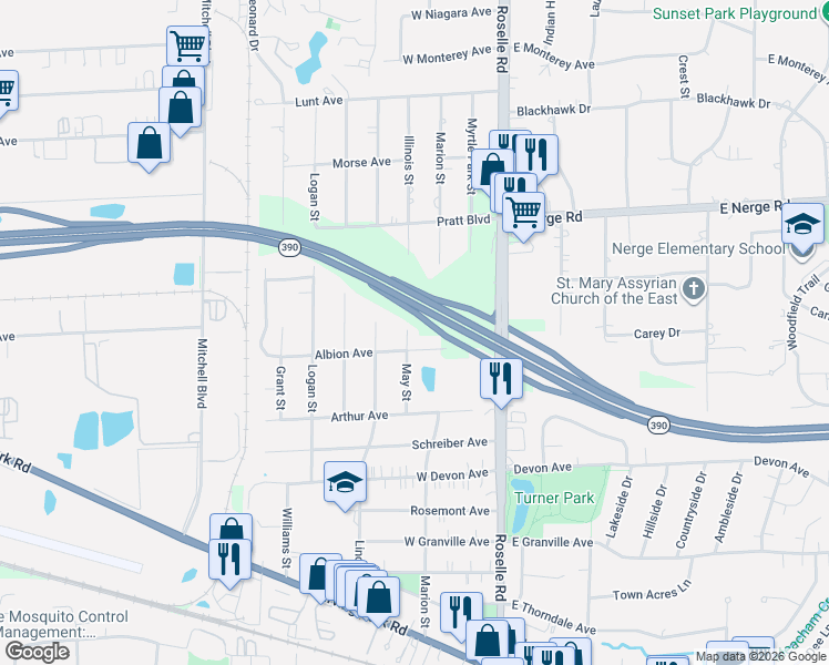 map of restaurants, bars, coffee shops, grocery stores, and more near 1775 Illinois Street in Roselle