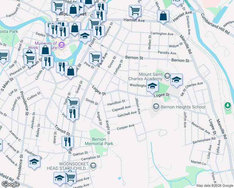 map of restaurants, bars, coffee shops, grocery stores, and more near 142 Hamilton Street in Woonsocket