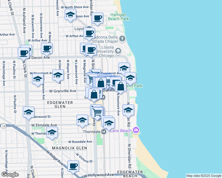 map of restaurants, bars, coffee shops, grocery stores, and more near 6158 North Winthrop Avenue in Chicago
